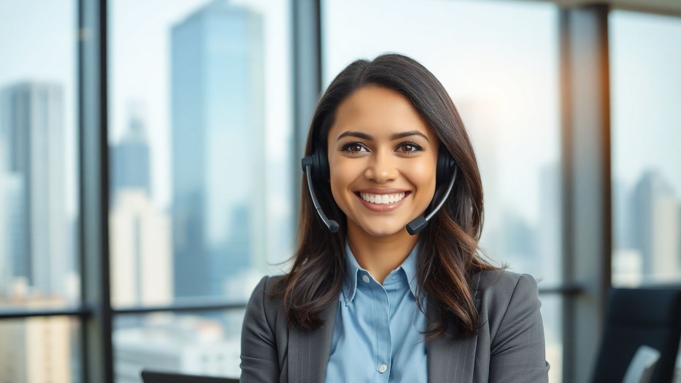 Professional woman with headset, modern office, cityscape background.