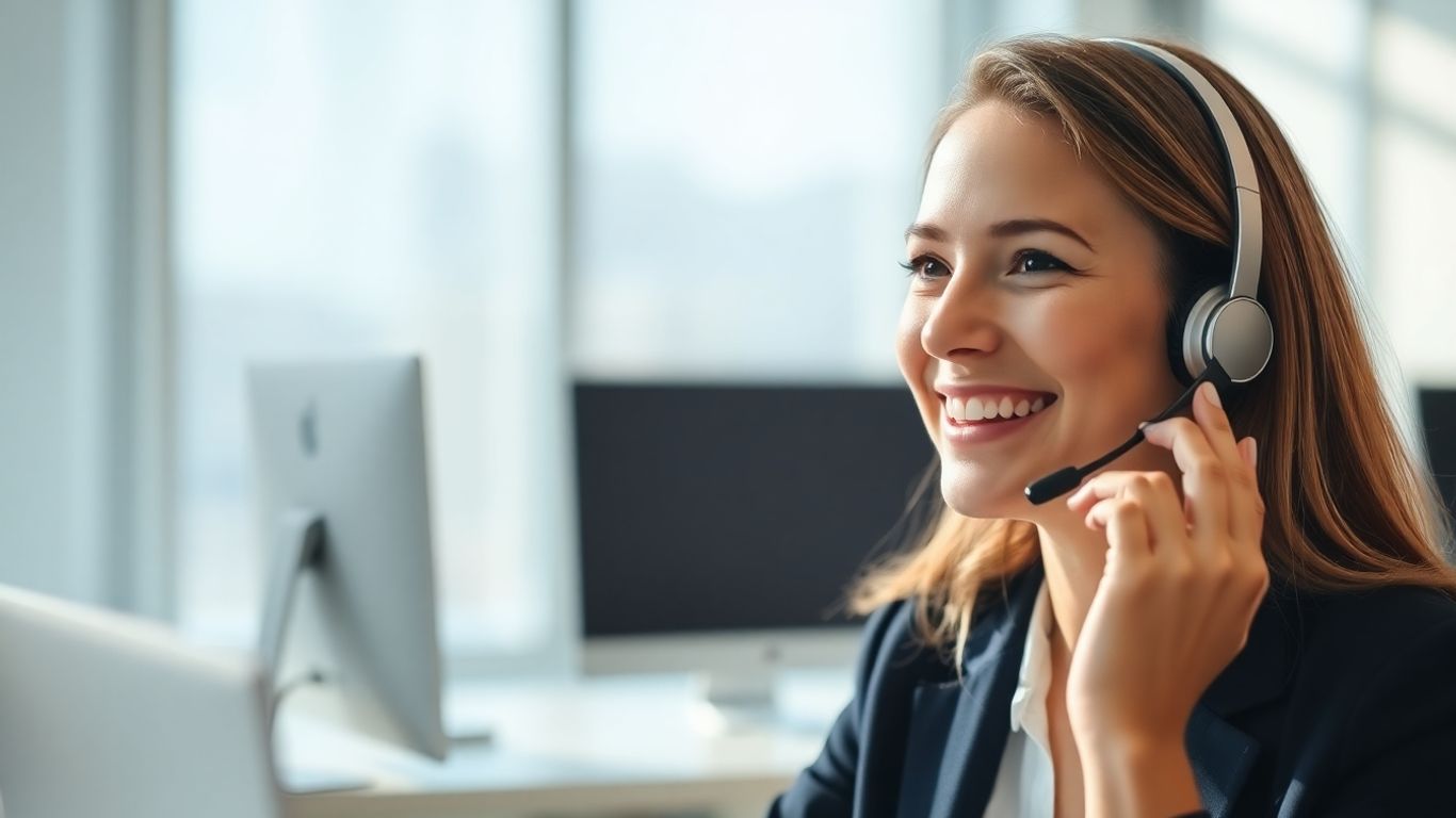 Professional woman using a headset, smiling.