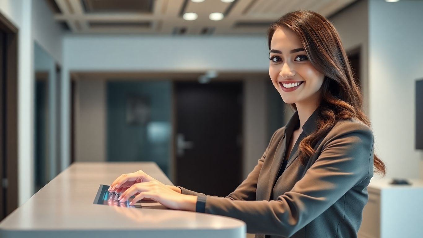 Virtual receptionist at a modern desk with AI interface.