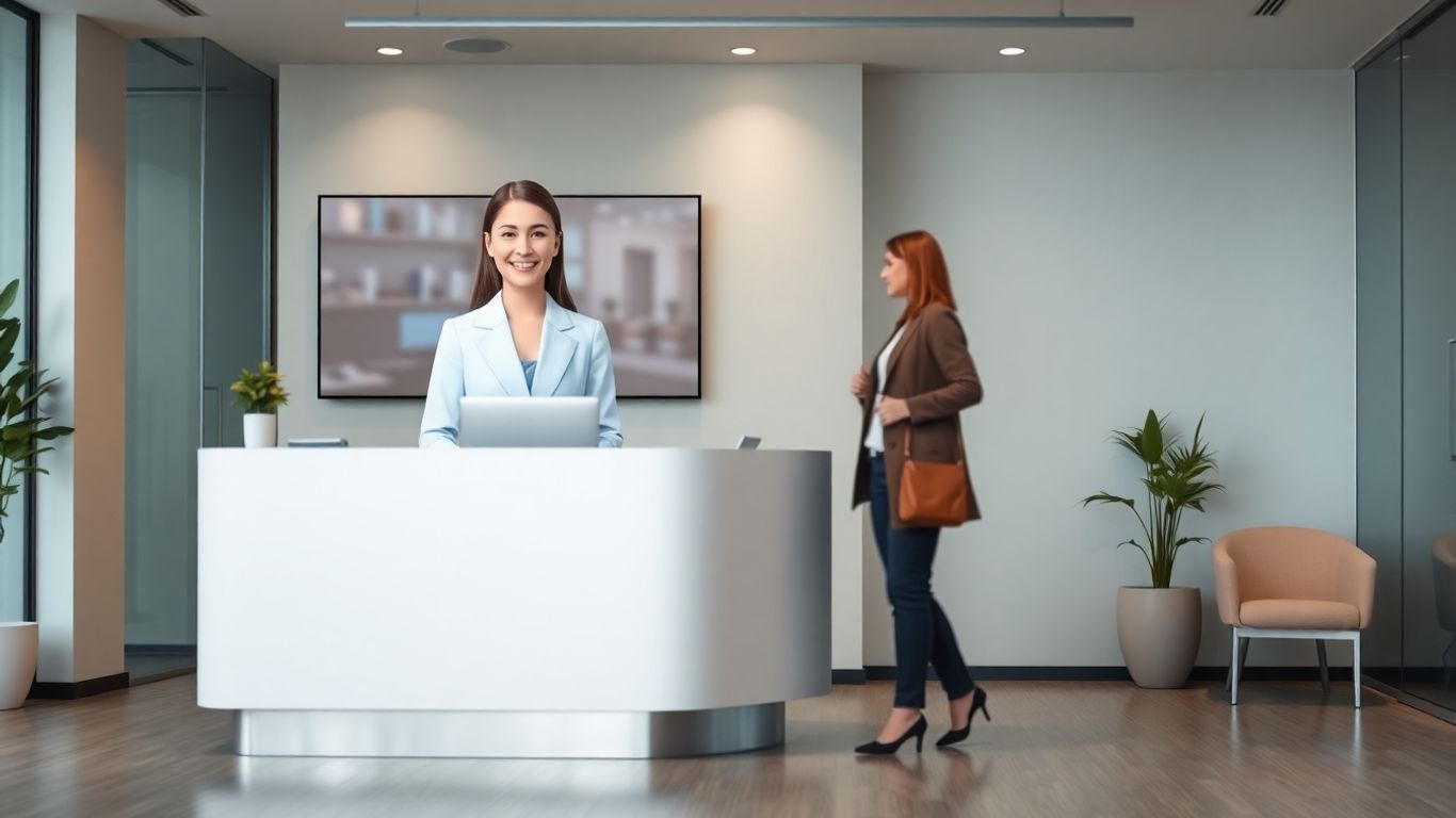 AI receptionist interacting with a visitor in an office.