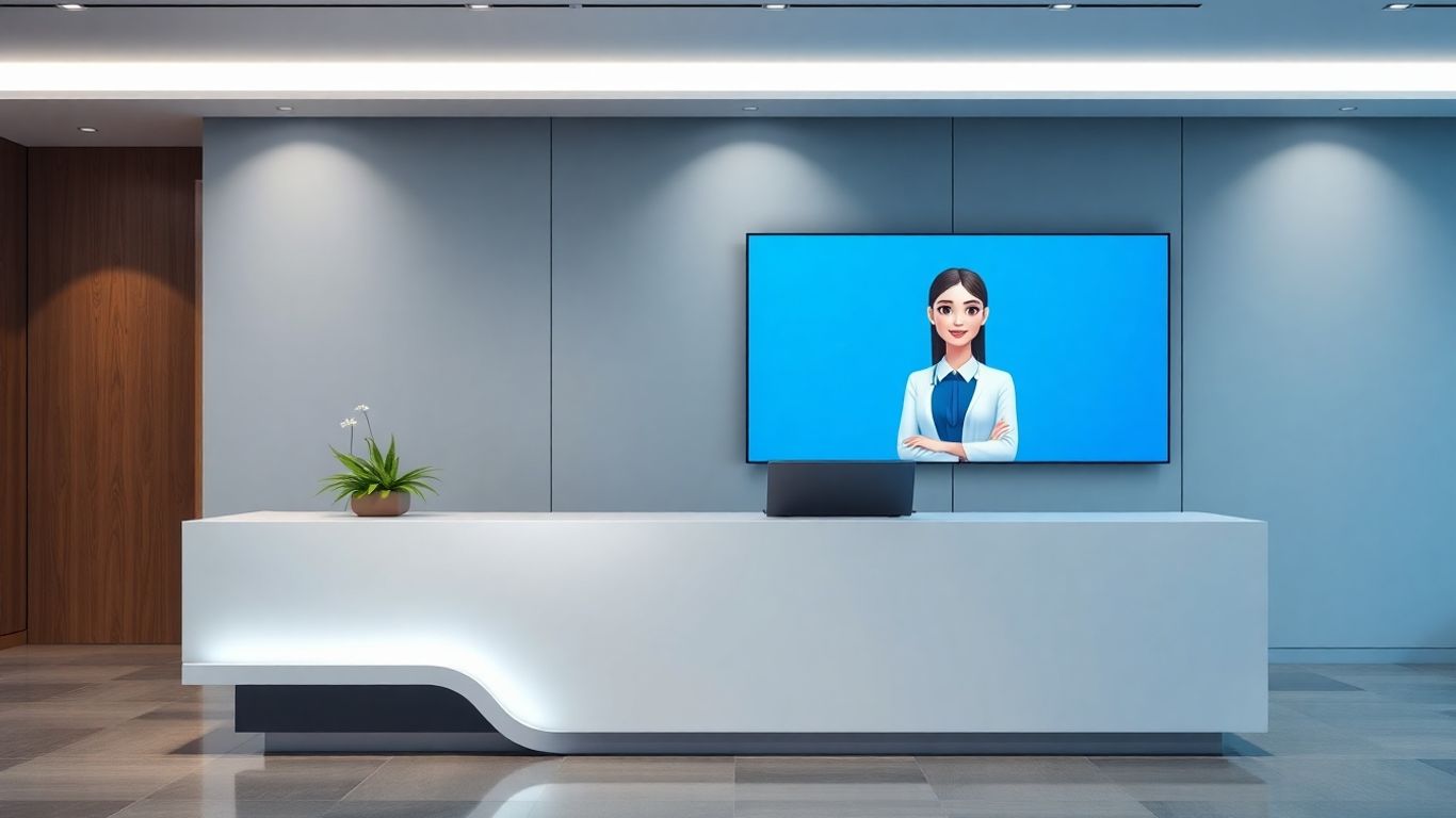 AI receptionist on screen in modern office reception.