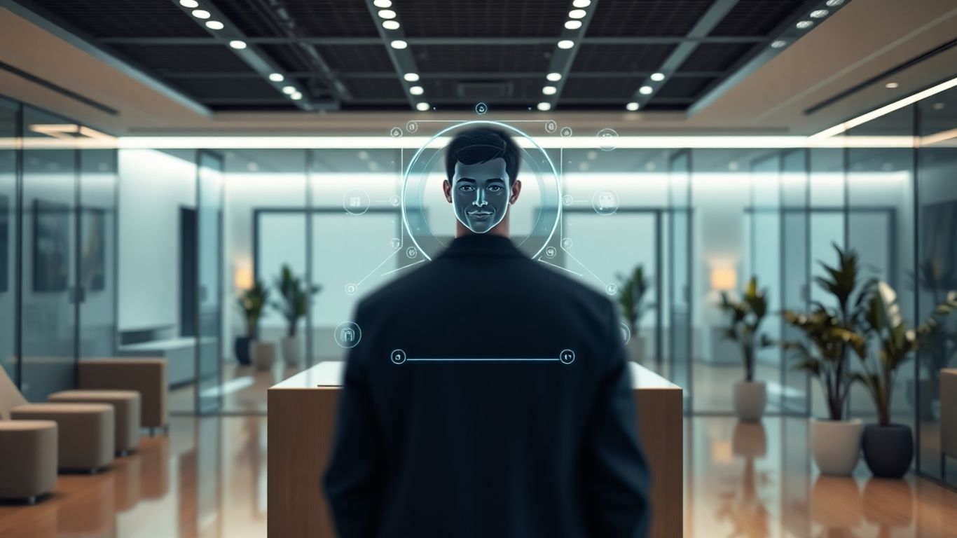 AI receptionist interface in a law firm lobby.