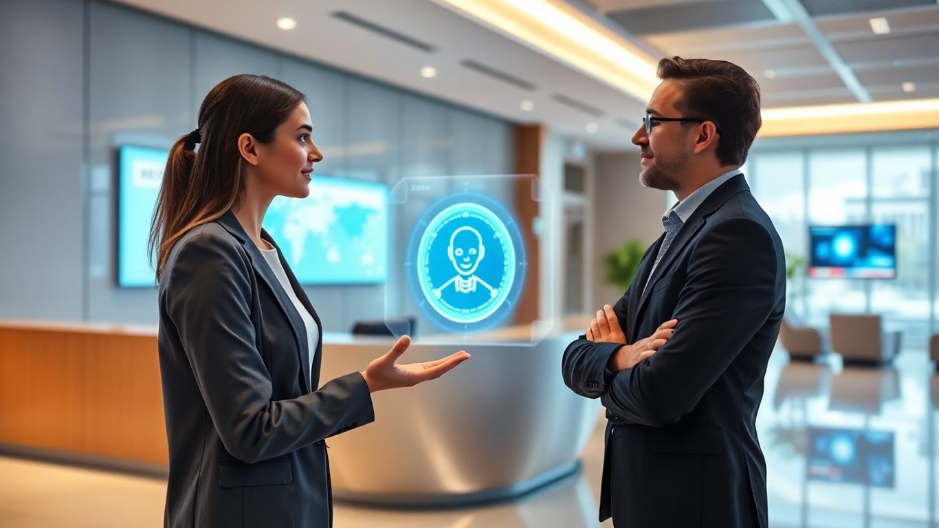 AI receptionist assisting a client in a modern law office.