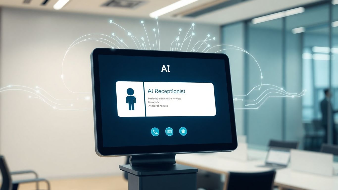 AI receptionist system interface with digital waveforms.