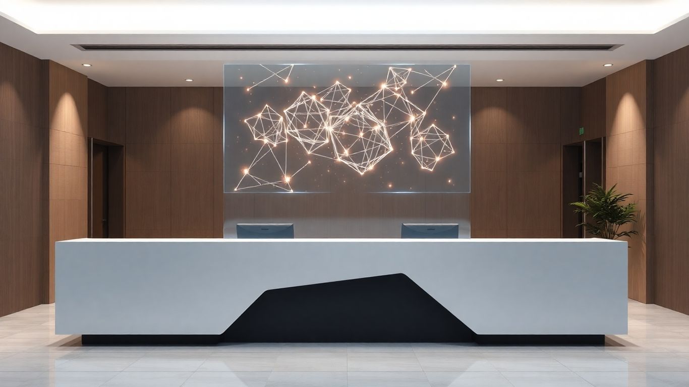 AI receptionist interface hovering over a modern office desk.