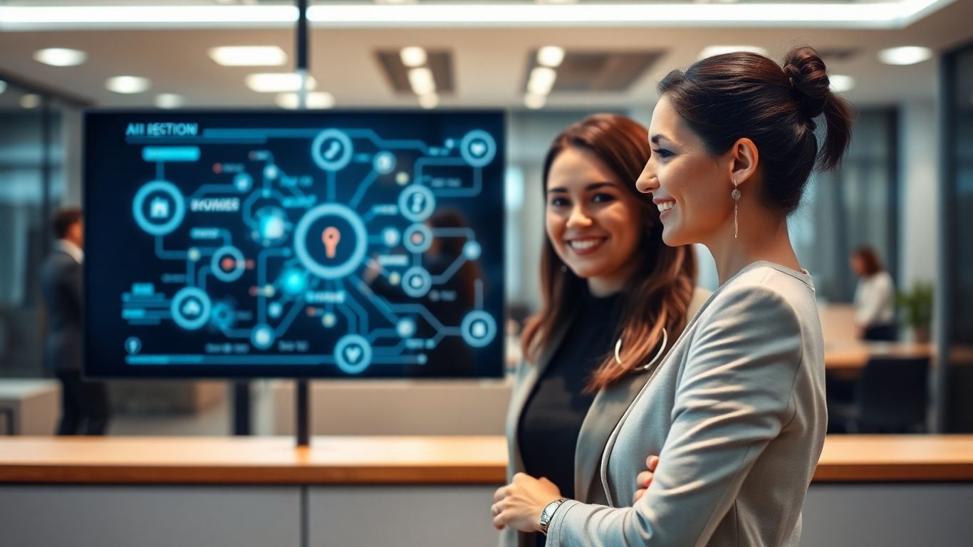 AI receptionist assisting a businesswoman in a modern office.