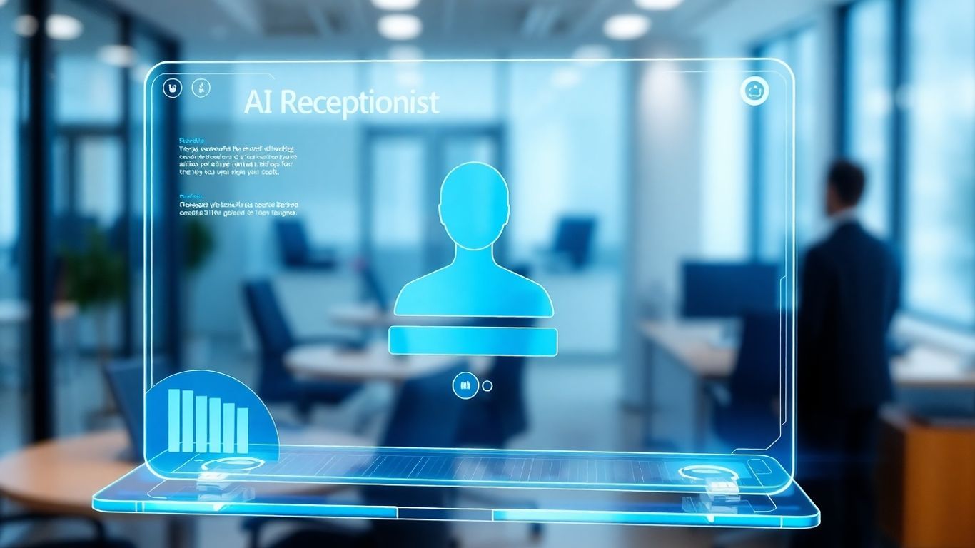 AI receptionist interface on a holographic display.