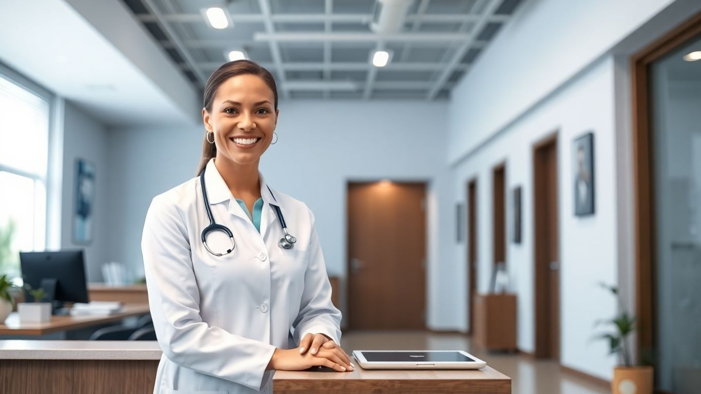 Medical receptionist smiling, welcoming patients to the office.