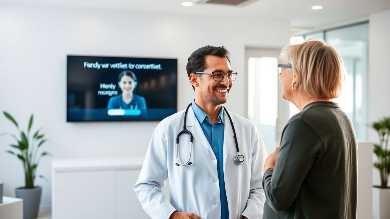 Medical virtual receptionist assisting doctor and patient.