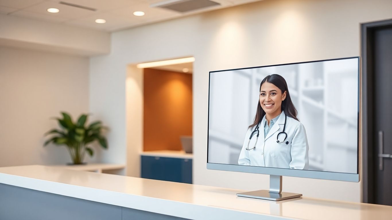 Virtual receptionist assisting in a modern medical office.