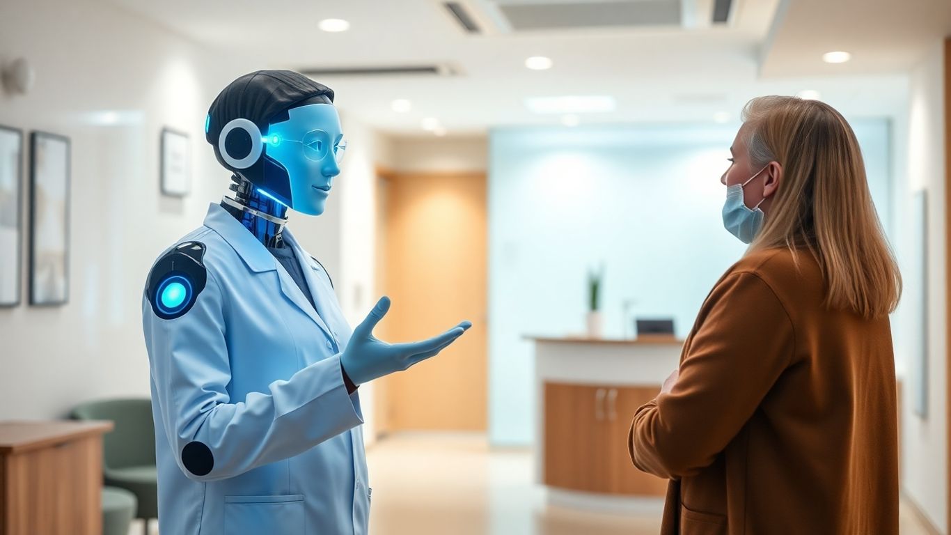 AI receptionist assisting a patient in a medical office.
