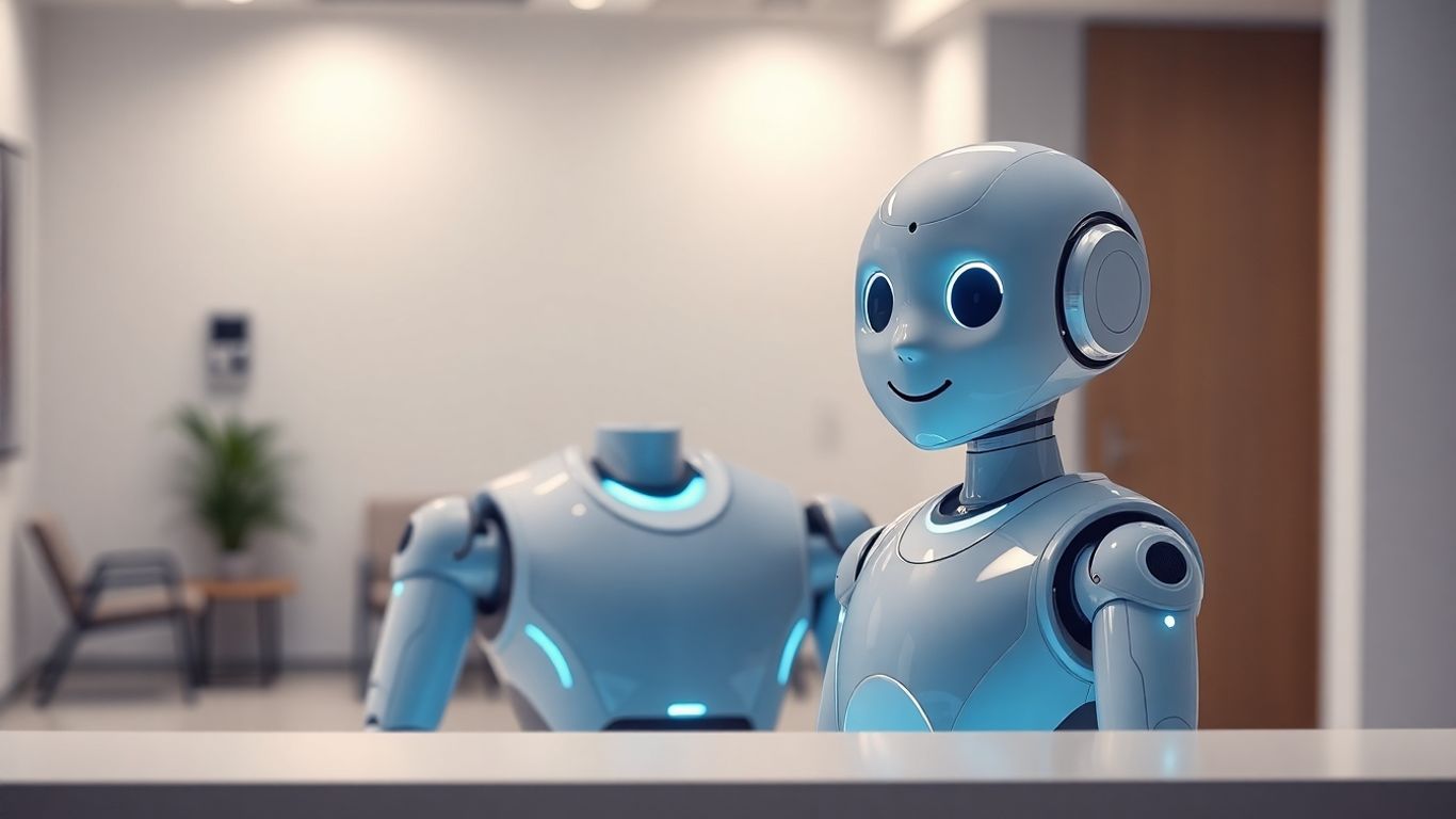 AI receptionist robot at a medical office reception desk.
