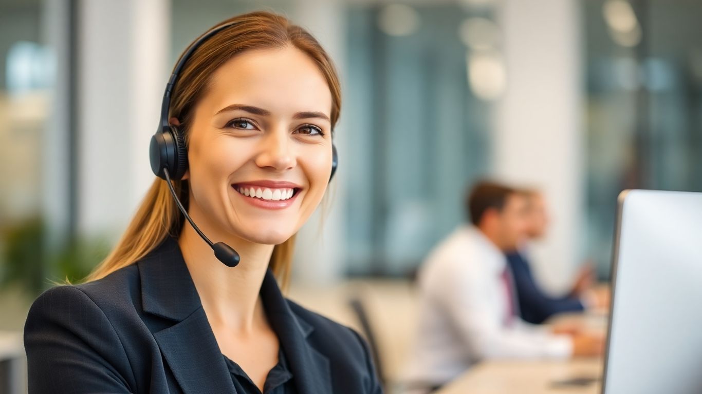 Professional woman using a headset for virtual communication.