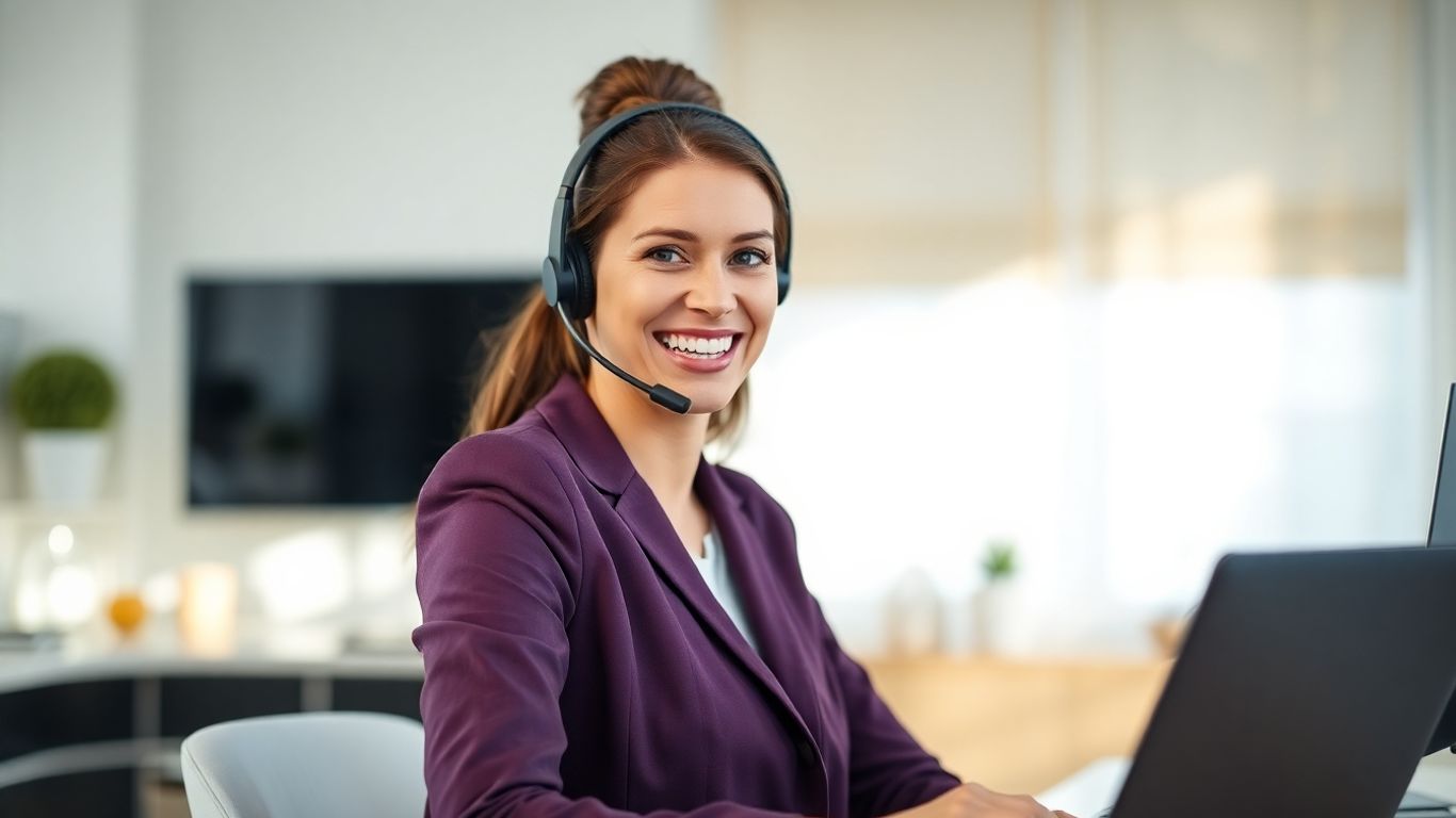 Virtual receptionist working remotely with headset.