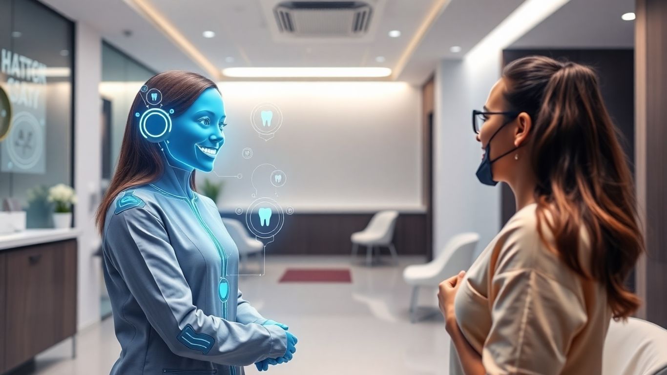 AI receptionist assisting a patient in a dental office.