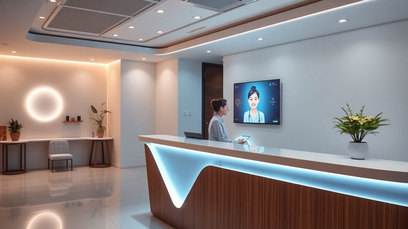 AI receptionist assisting patient in a modern dental office.
