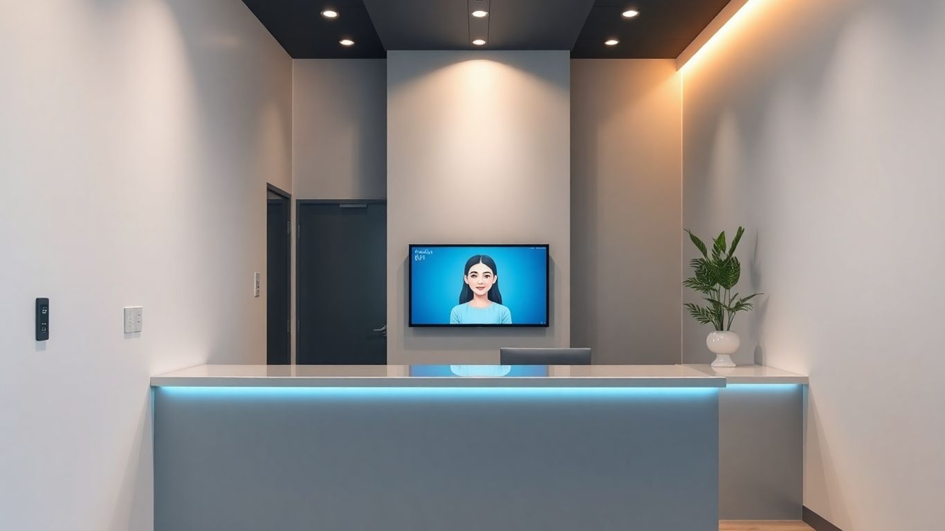 AI receptionist interface in a modern dental office.