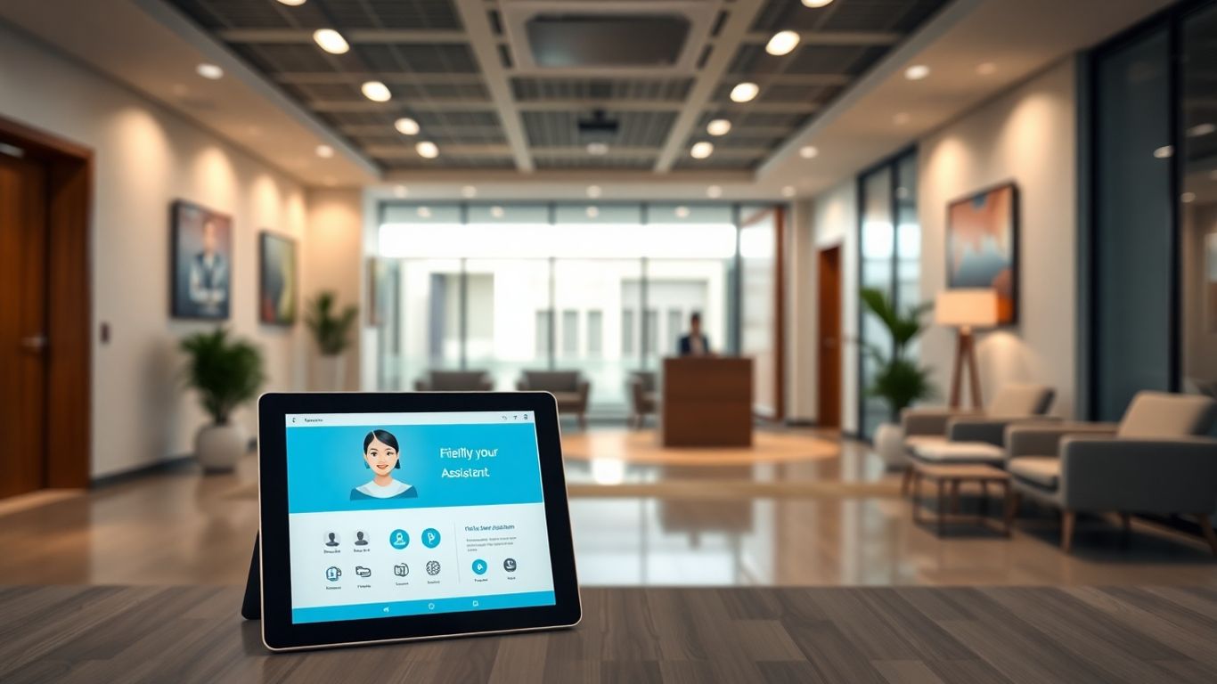 AI virtual receptionist interface on a tablet in an office.