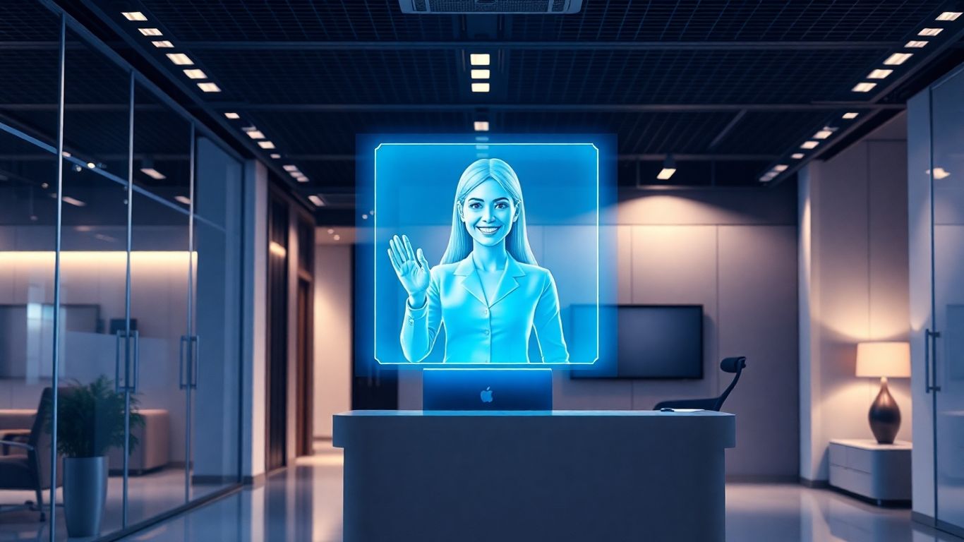 AI virtual receptionist on a holographic display.