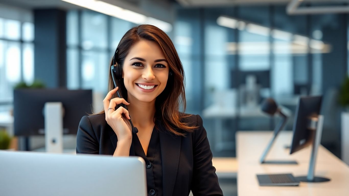 Professional receptionist with headset in a modern office.