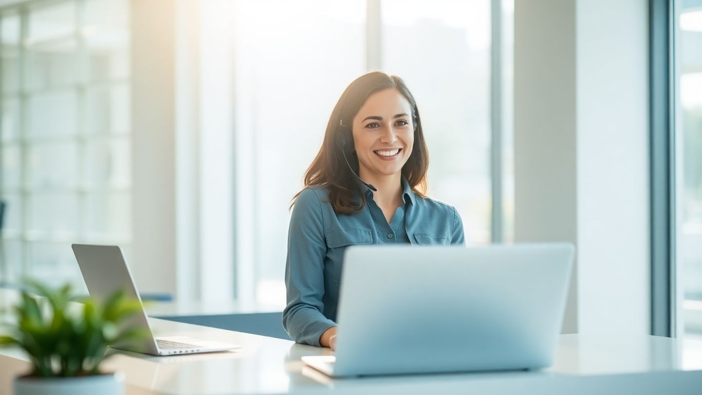 Professional woman using a headset in a modern office.