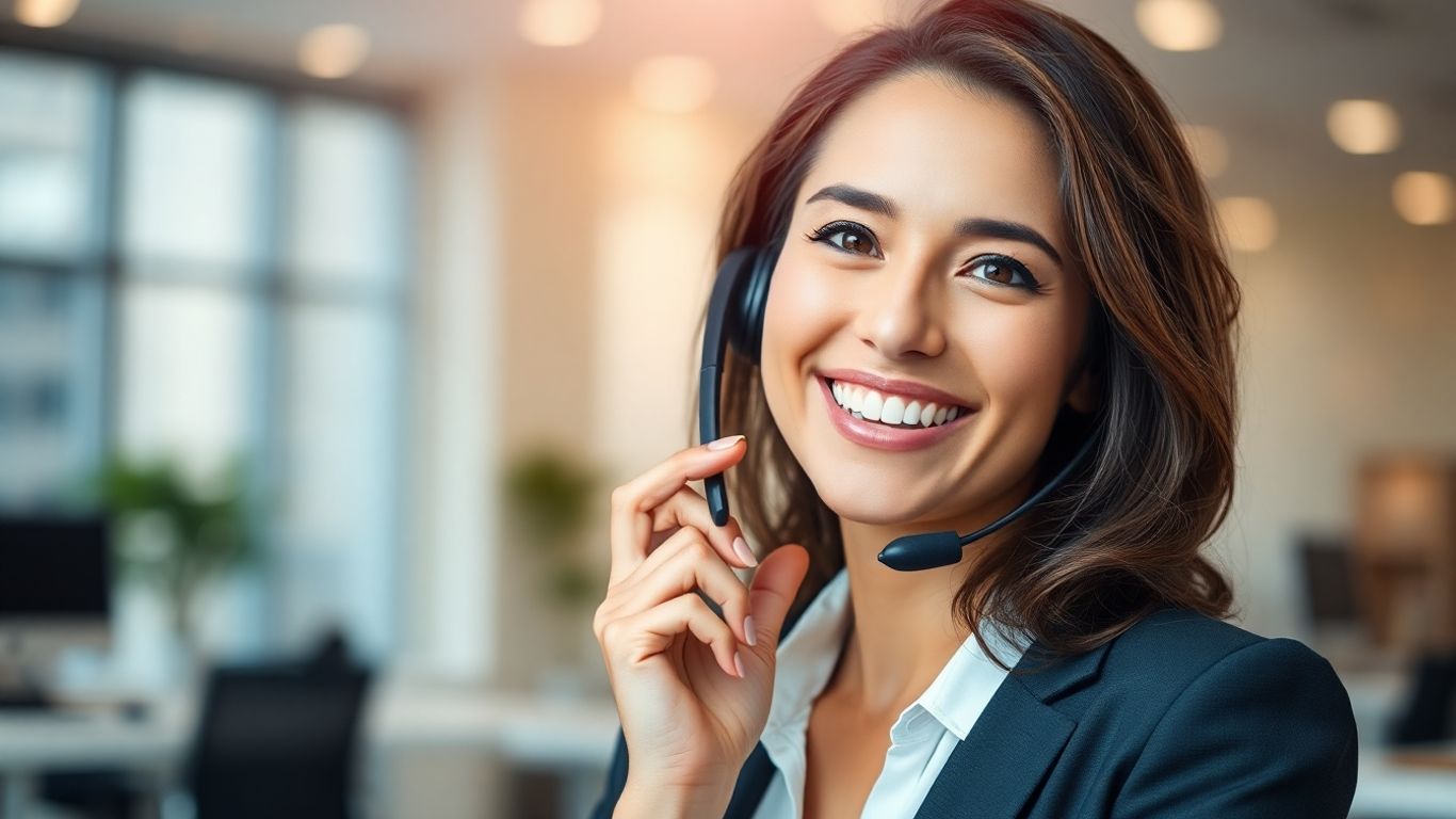 Professional woman with headset in a modern office.