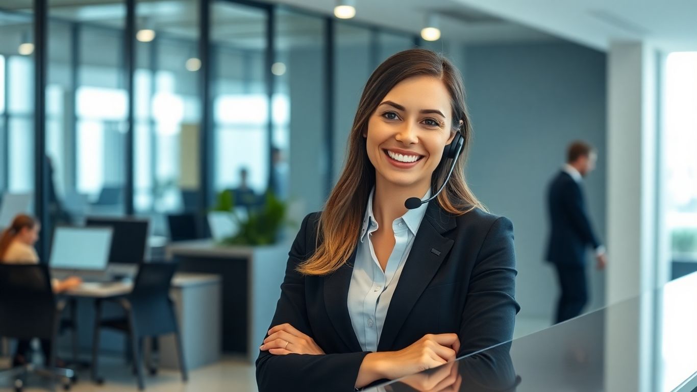 Professional receptionist using a headset in a modern office.