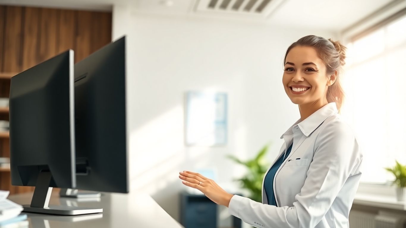 Virtual medical receptionist assisting a patient at a desk.