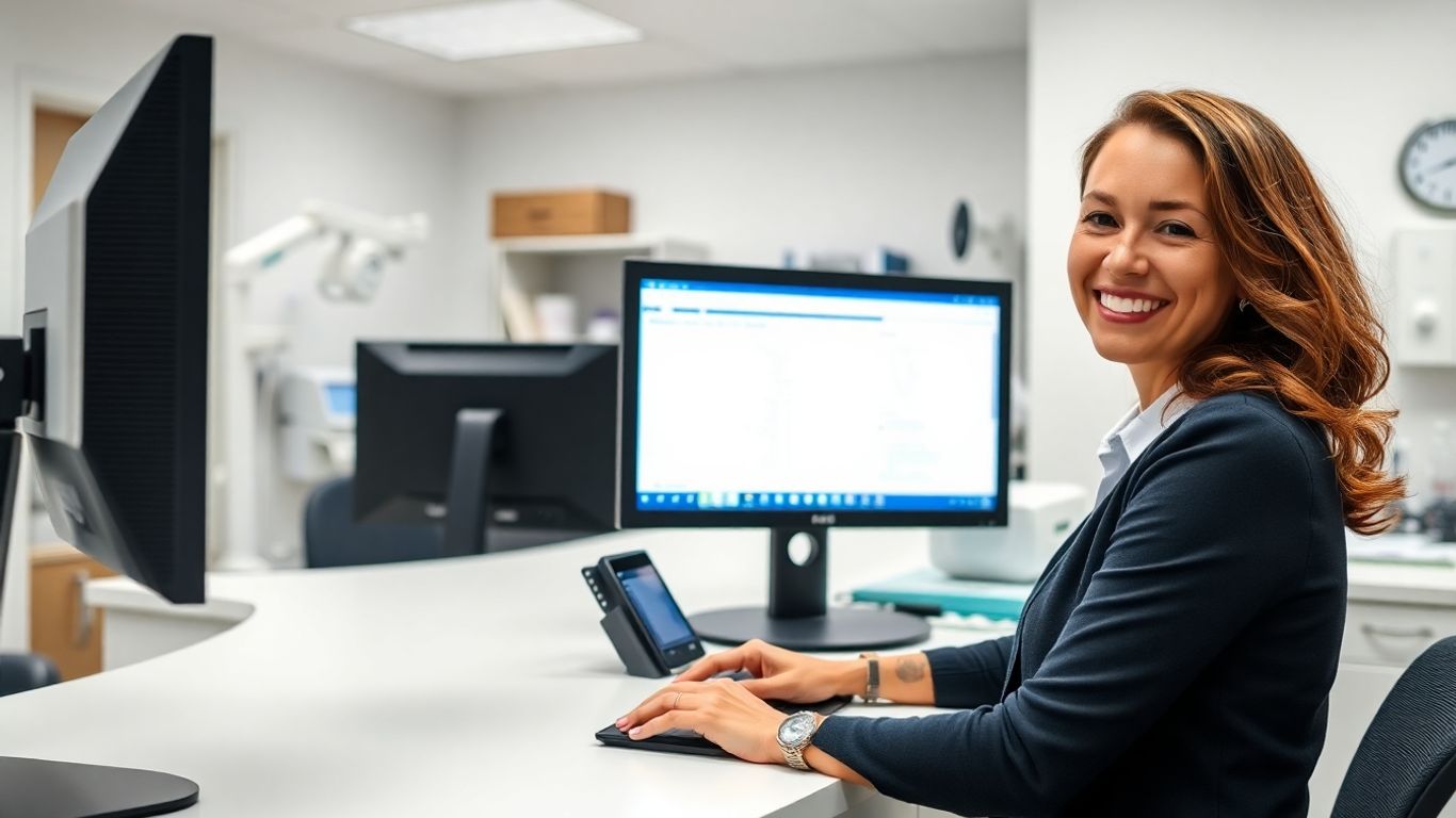 Virtual medical receptionist working efficiently at a computer.