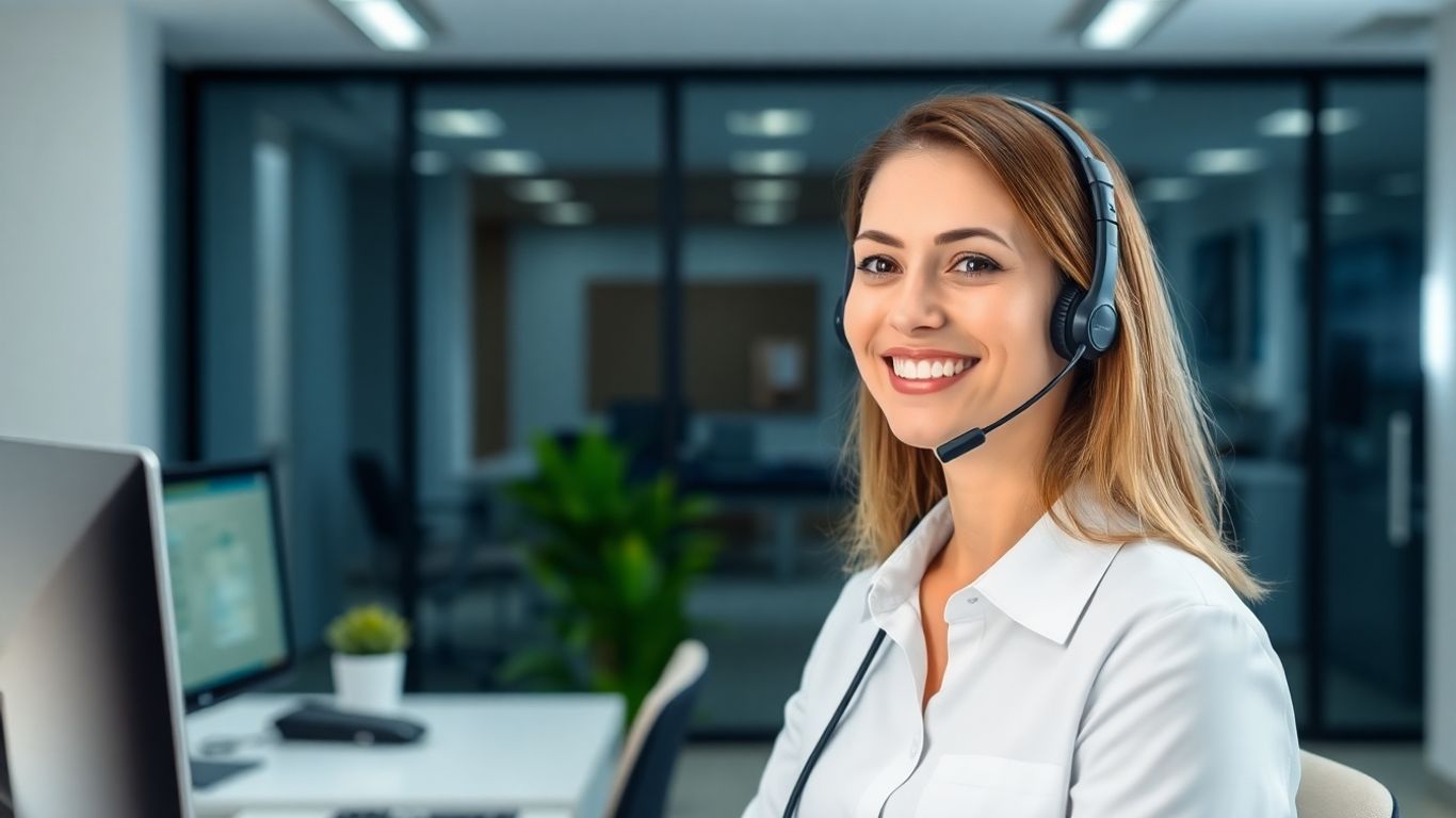 Virtual medical receptionist working efficiently with headset and digital interfaces.