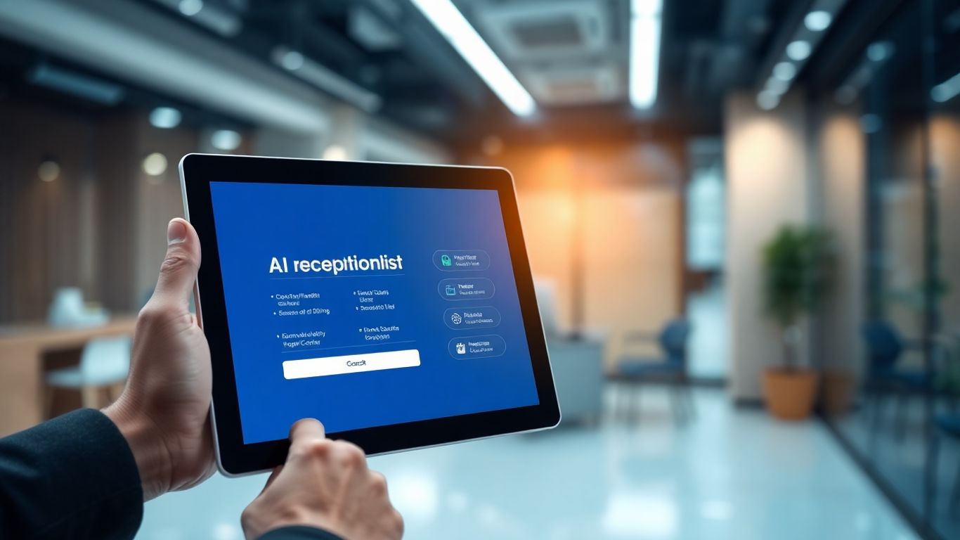 AI receptionist interface on a tablet in a real estate office.