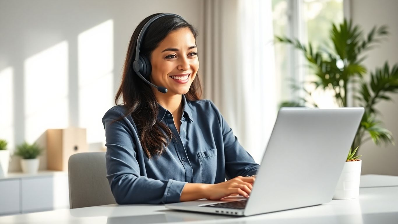 Virtual receptionist working remotely with headset and laptop.