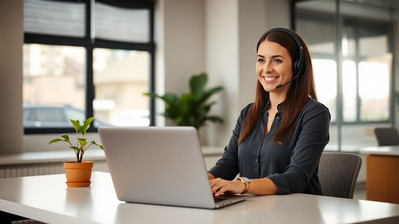 Woman working remotely as a virtual receptionist on a laptop.