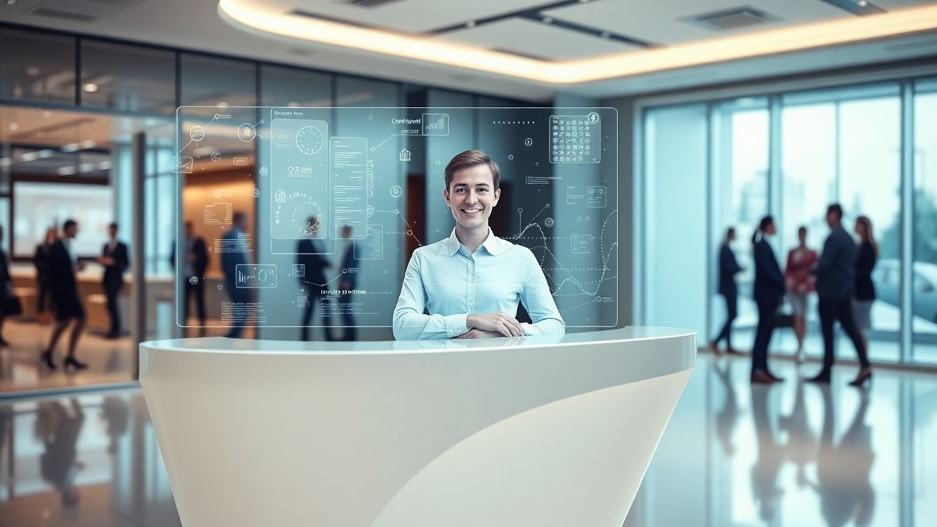 AI receptionist interacting with data streams in an office.