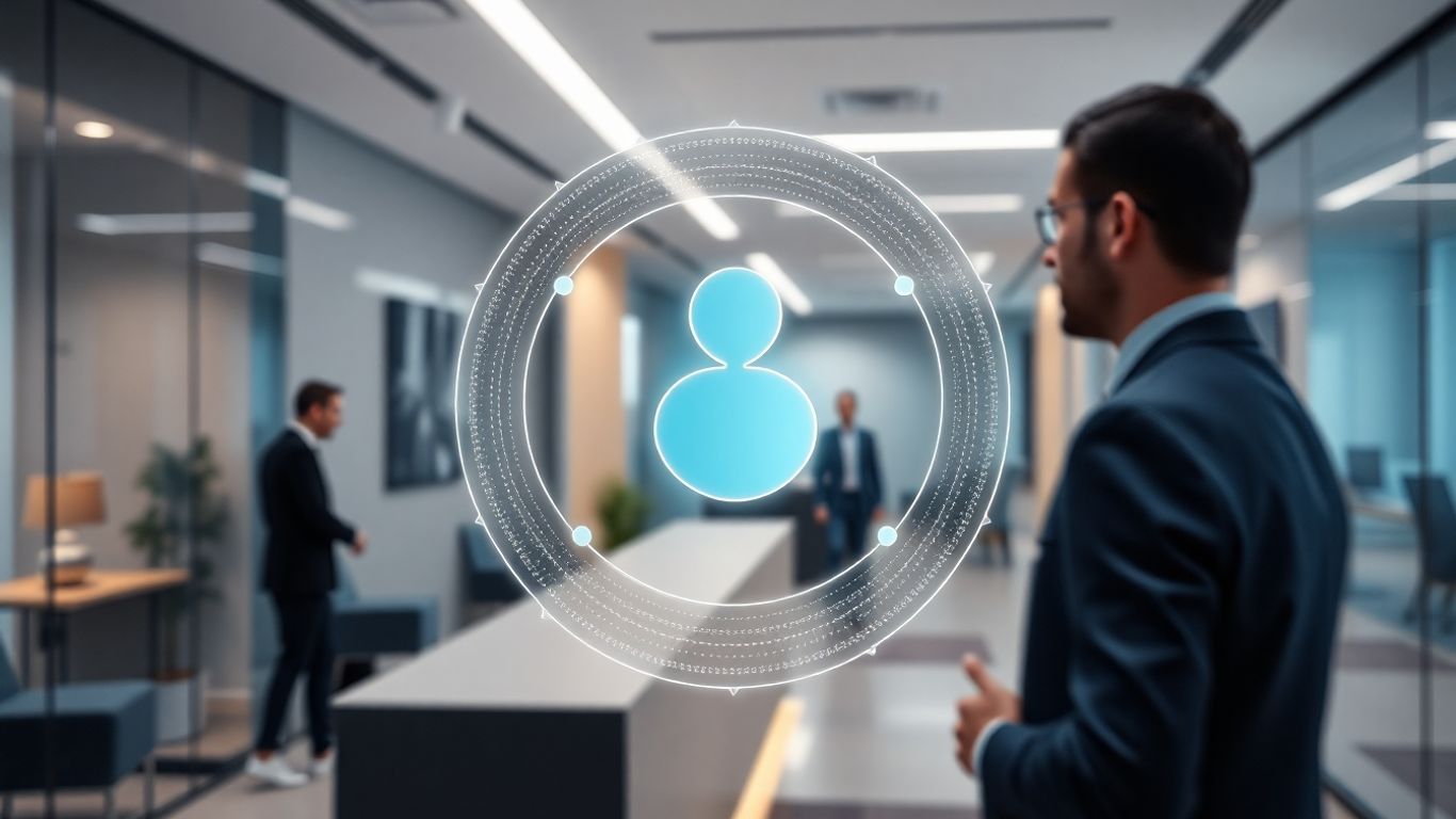 AI receptionist interface in a modern office.