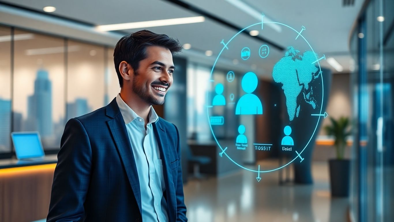 AI receptionist assisting a business person in an office.