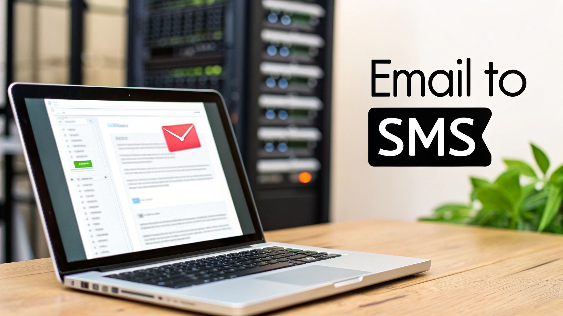 A person sending a text message using an email interface on their laptop, illustrating the concept.