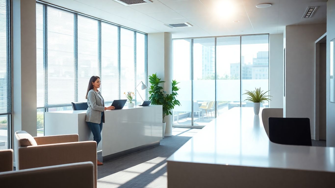 Modern office reception with a welcoming receptionist and visitor.