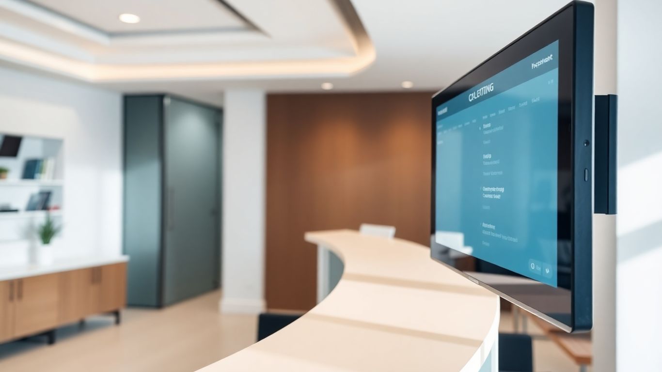 Office reception with digital scheduling interface on monitor.