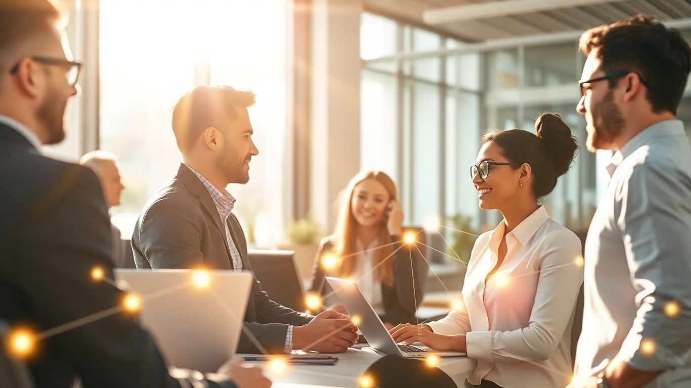 Professionals communicating with a glowing network.