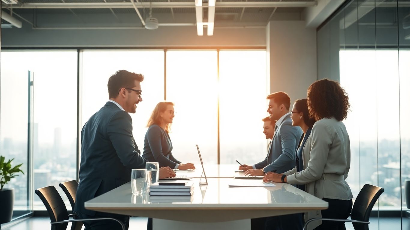 Team collaborating in a modern office with city view.
