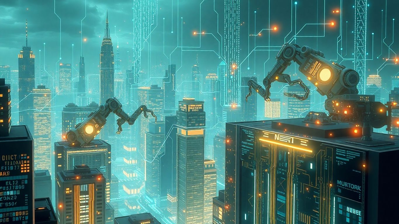 AI and automation in a futuristic business setting.