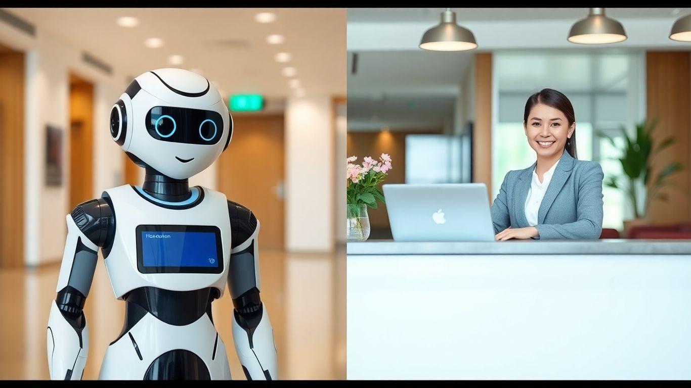 AI receptionist versus human receptionist in office setting.