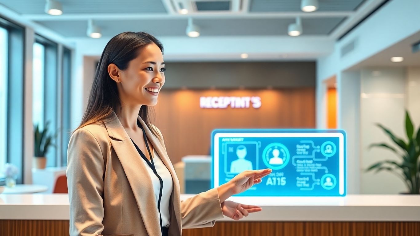 AI receptionist interface in a modern office setting.