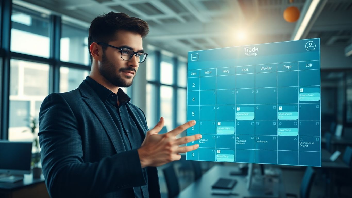Business person using advanced communication and scheduling interface.