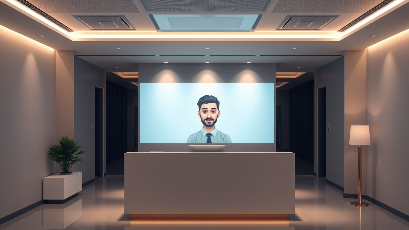 AI receptionist avatar in a modern office setting.