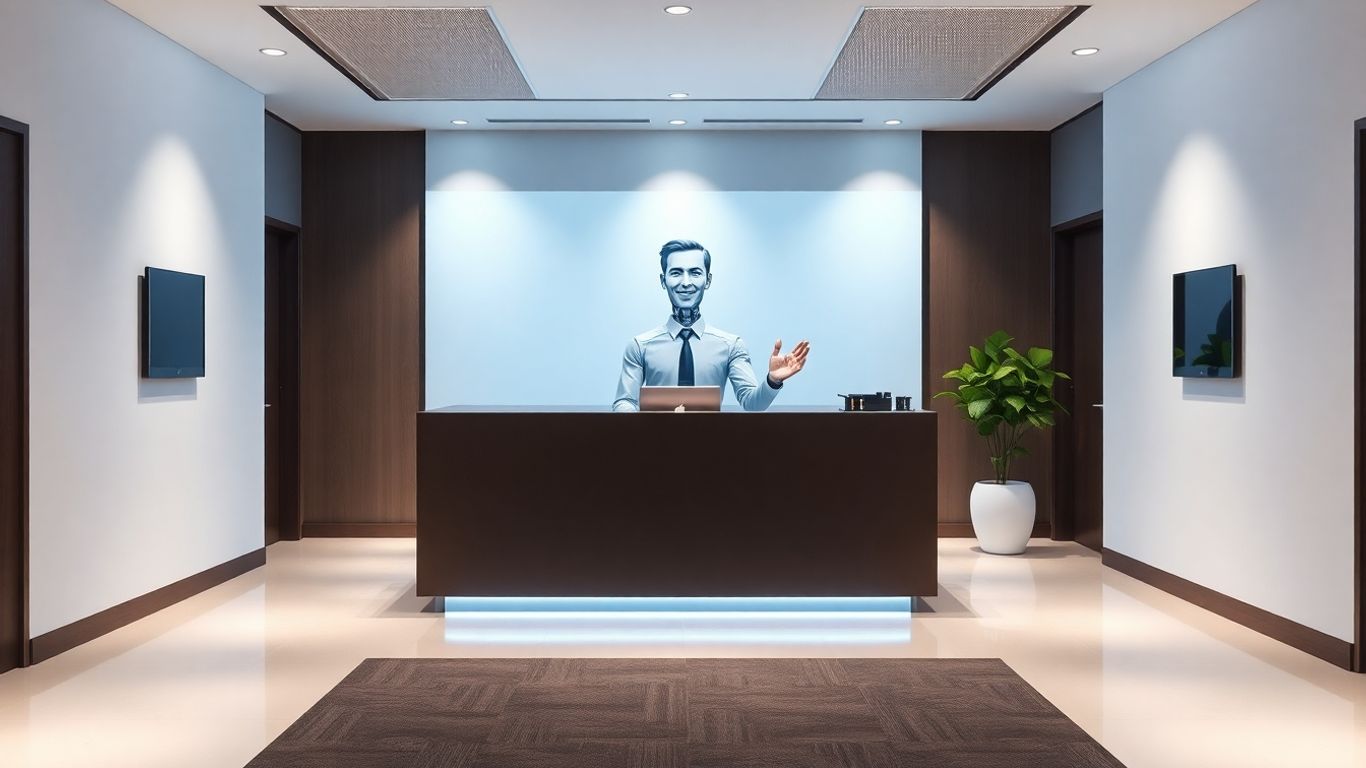 AI receptionist avatar in a modern office setting.