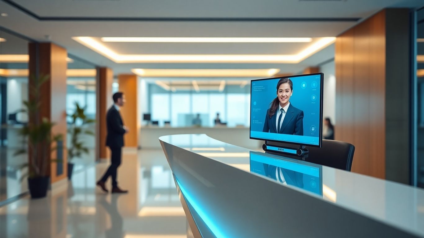 AI receptionist assisting a businessperson in an office.