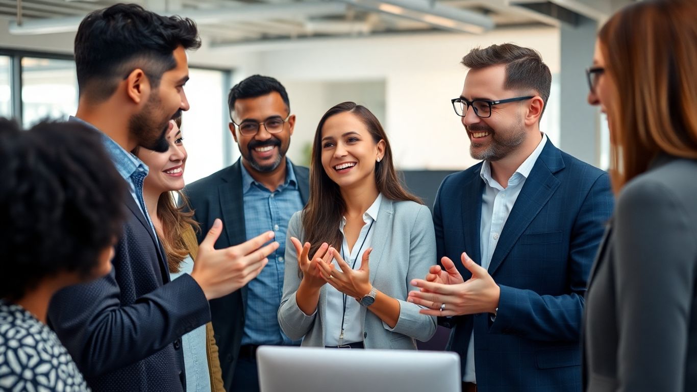 People communicating effectively in a modern office setting.
