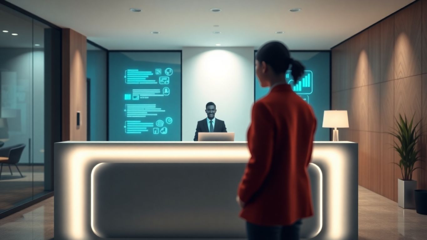 AI receptionist at a modern office desk.